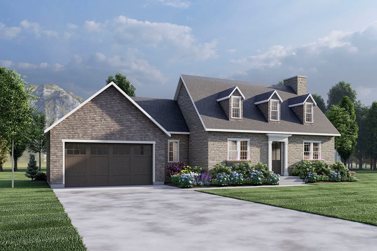 House plan exterior with stone facade, multi-gabled roof, three dormers, and attached garage. Includes a chimney and landscaping.