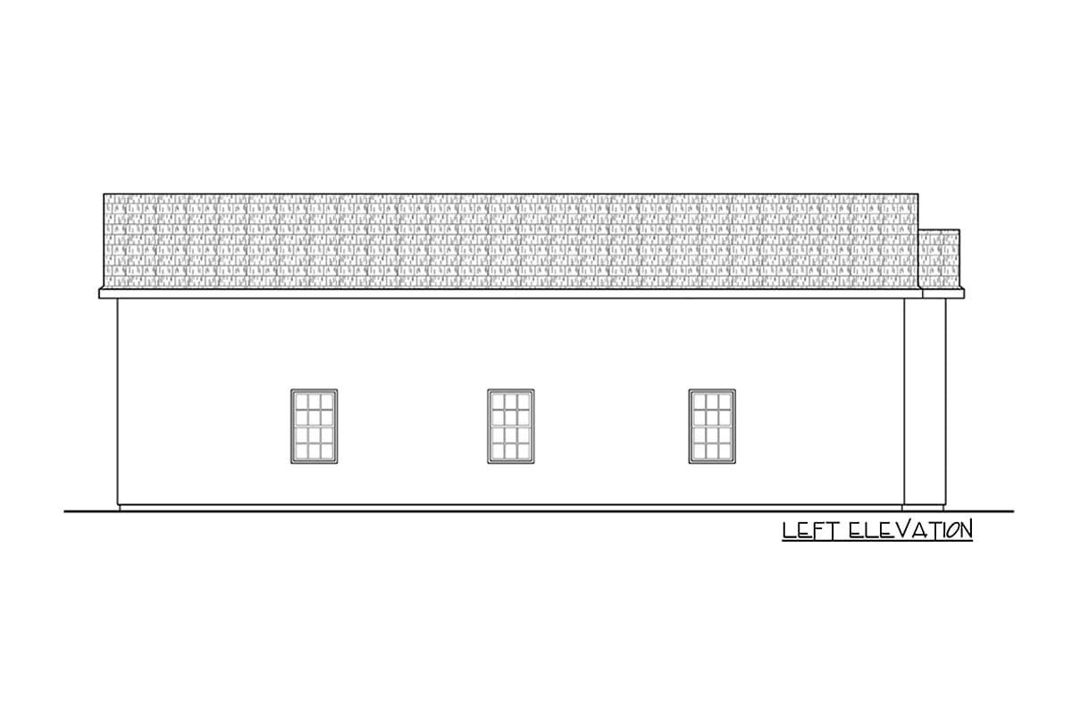 Left elevation house plan drawing showing a single-story structure with three windows and a hip roof.