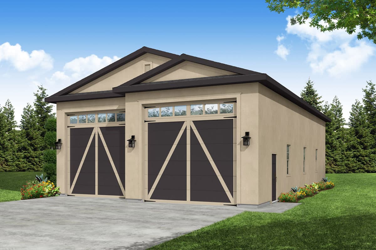House plan exterior with two-car garage. Features include gable roof, black garage doors with triangular design, and exterior lighting.