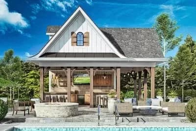 Craftsman-Style Pool House with Cabana Bar and Bath