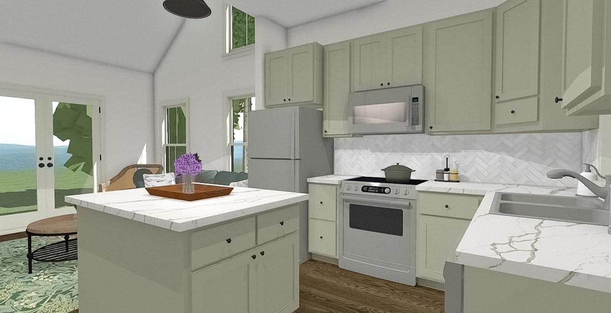 Kitchen with vaulted ceiling, island, stainless steel appliances, and herringbone backsplash.