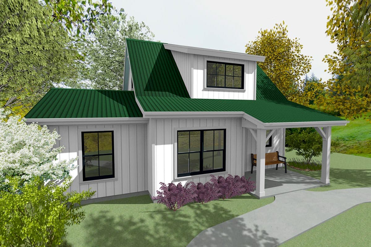 House plan exterior: two-story Modern Farmhouse with green metal roof, white vertical siding, dormer, and covered porch with bench.