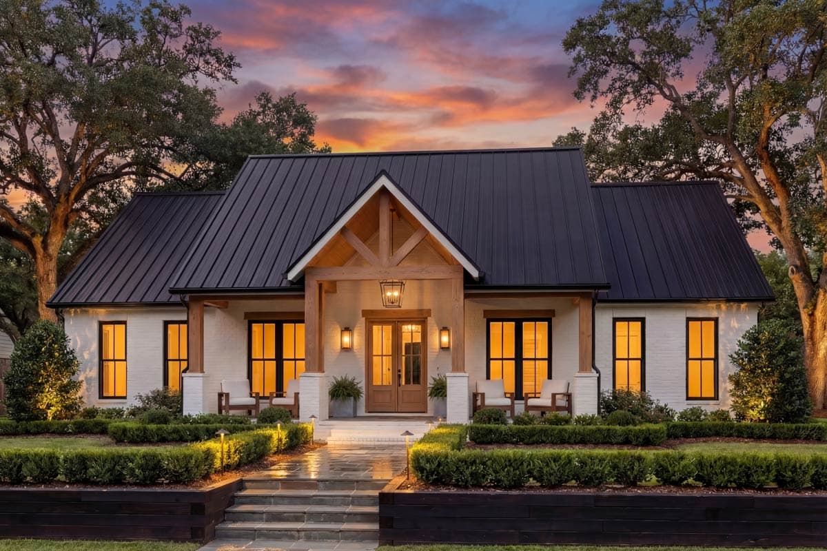 Modern Farmhouse house plan exterior with white brick, black metal roof, wood beam gable, and covered front porch.