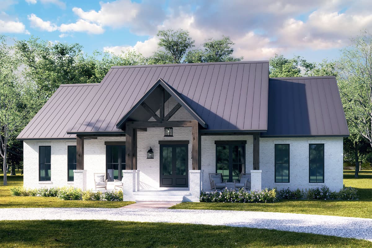 House plan exterior with modern farmhouse style. Features include a front porch with timber framing, gabled roof, and dark windows.