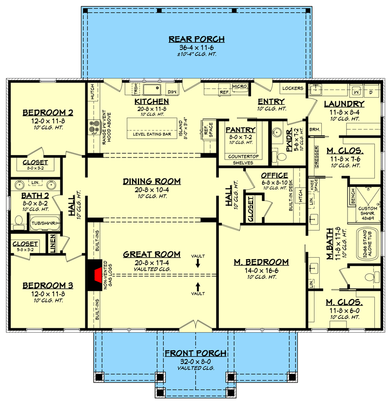 Plan 51931HZ: 3-Bed Southern Traditional-Style Plan with Home Office - 2400 Sq Ft - Floor Plan - Main Level - Acadian, Southern, Southern Traditional, Traditional