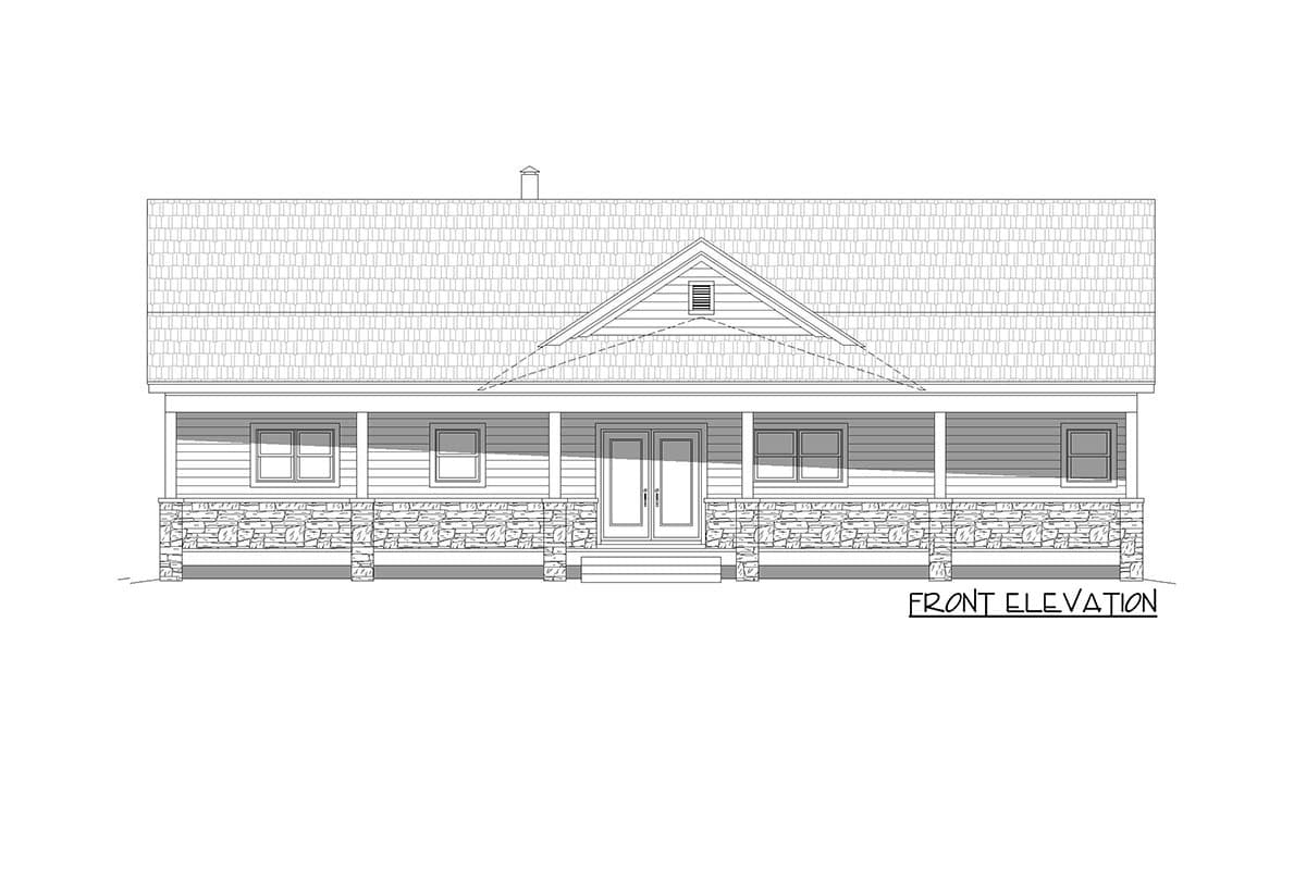 Front elevation of a one-story house plan featuring a gabled roof, full-width porch with stone foundation, and double entry doors.