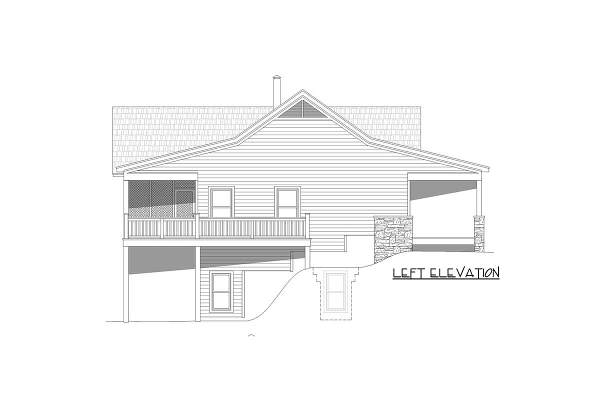 Left elevation drawing of a two-story house plan with a screened porch, deck, and stone-clad porch columns.