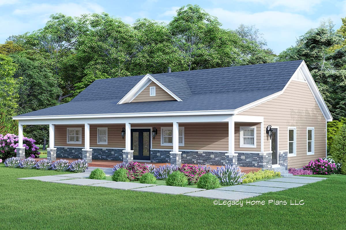 House plan exterior. Ranch style with front porch, gables, and stone veneer on lower facade. One story home with a dark shingle roof.