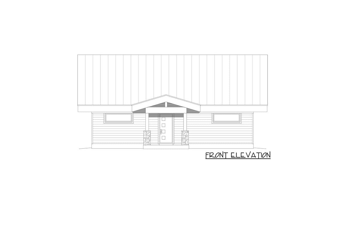 Front elevation of a one-story house plan featuring a gable-roofed entry porch with stone-clad columns and horizontal siding.