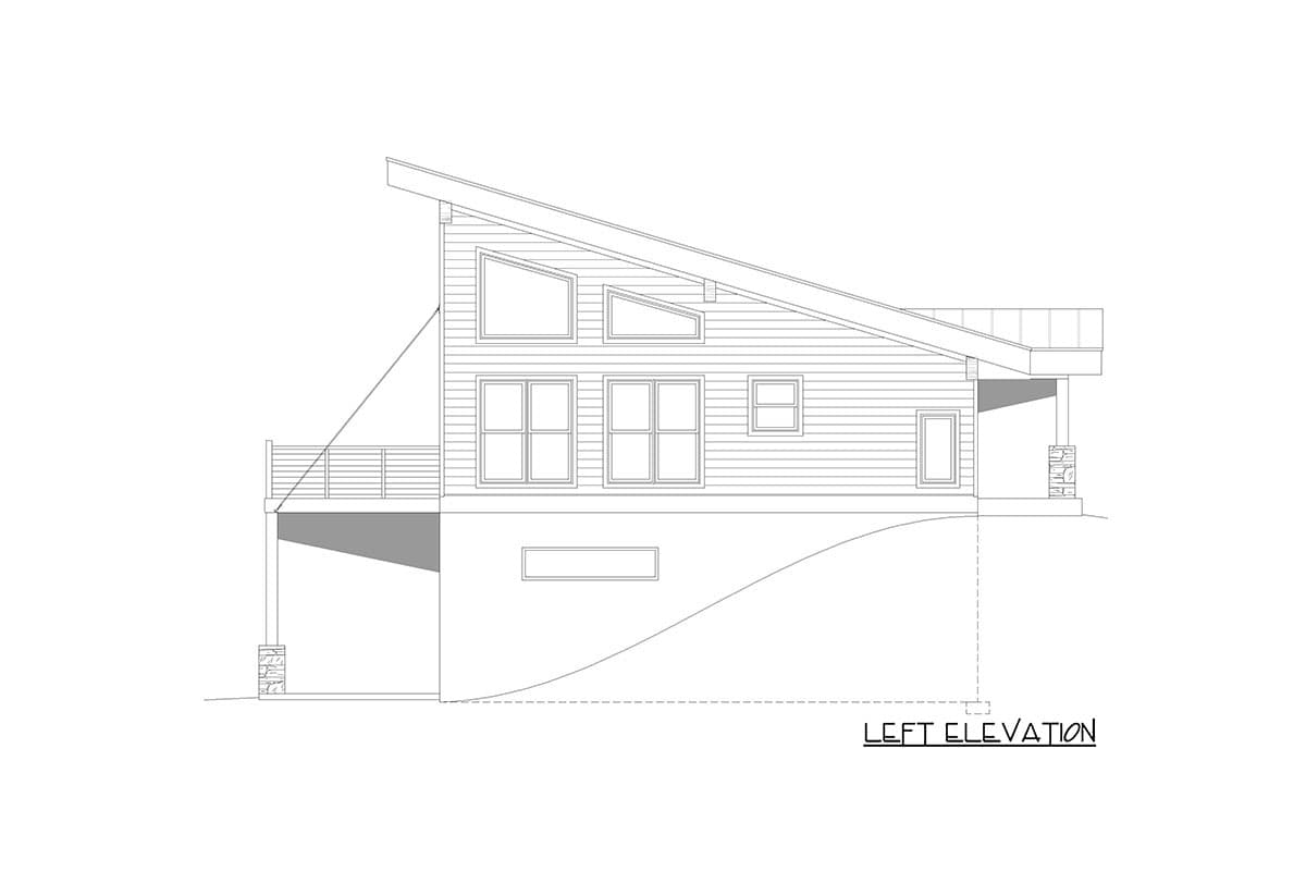 Left elevation drawing of a house plan featuring a sloped roof, multiple window arrangements, and a covered porch with stone-clad columns.