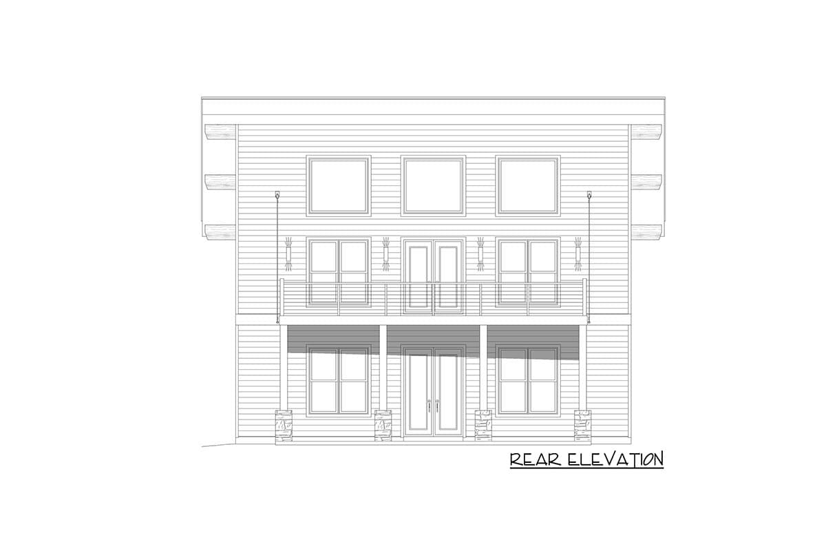 Rear elevation drawing of a two-story house with horizontal siding, a second-story balcony, and a covered front porch with stone-clad columns.