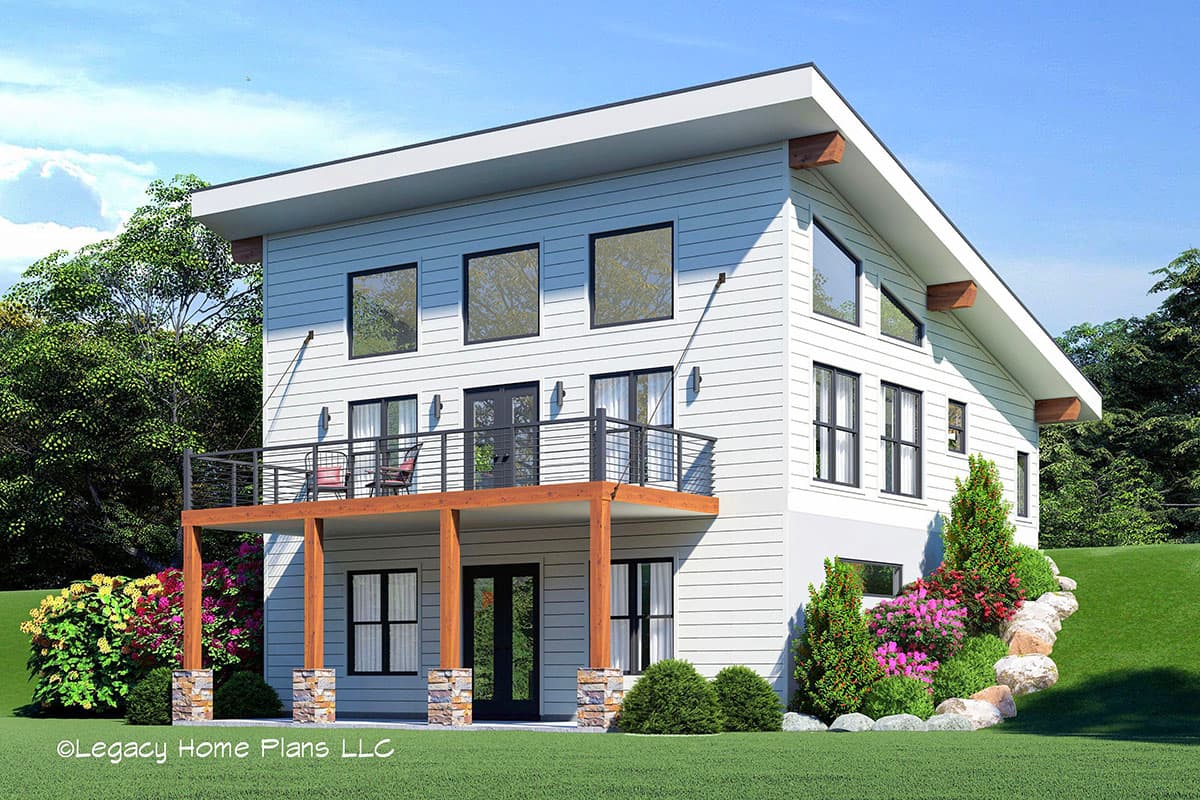 House plan exterior. Two-story Modern house with a shed roof, a balcony supported by columns, and large windows on the upper level.