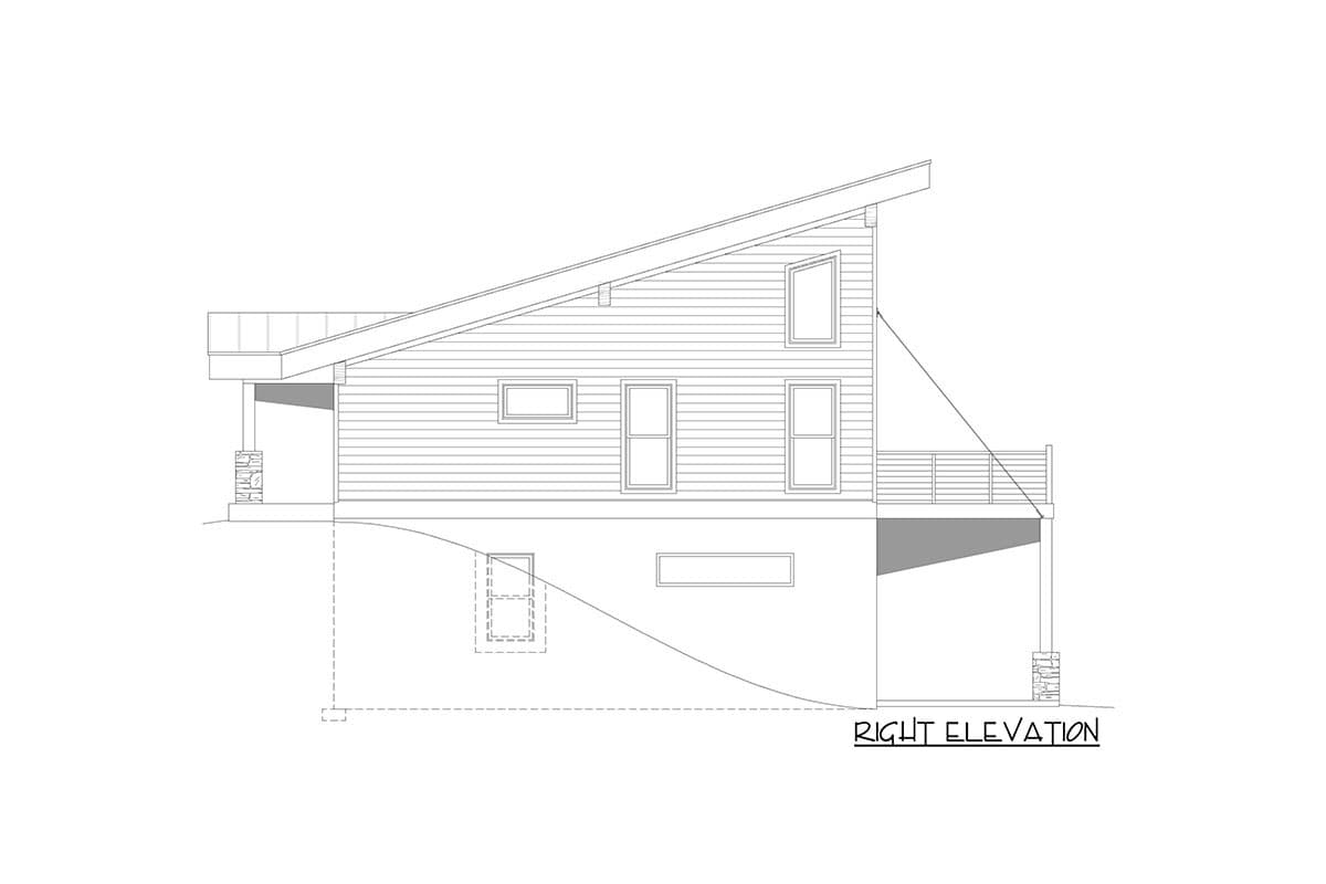 Right elevation drawing of a house with a shed roof, horizontal siding, porch, and deck.