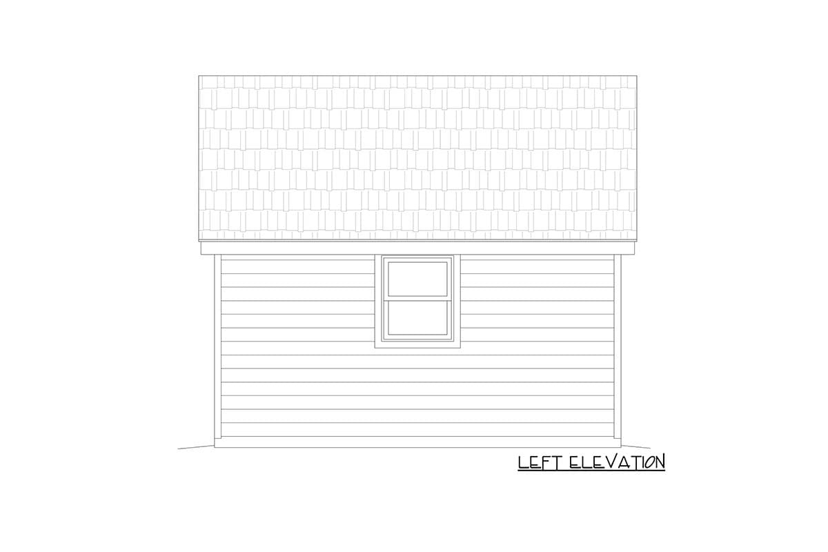 Left elevation drawing of a house plan with horizontal siding and a single window.