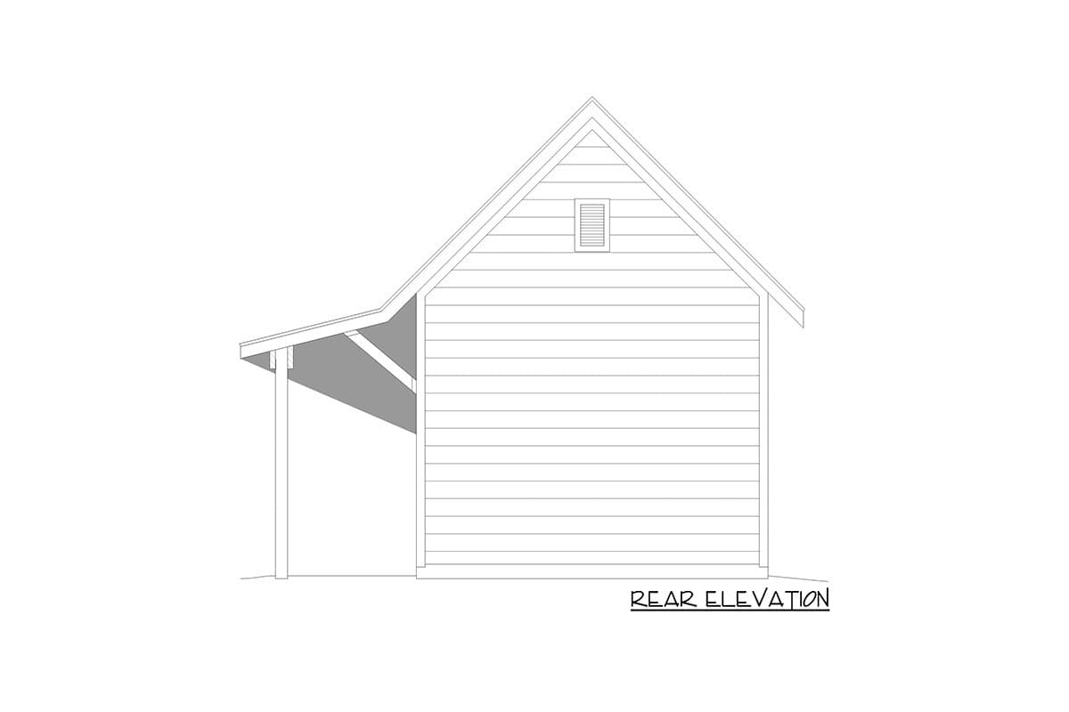 Rear elevation drawing of a house with horizontal siding, gable roof, and a covered porch.