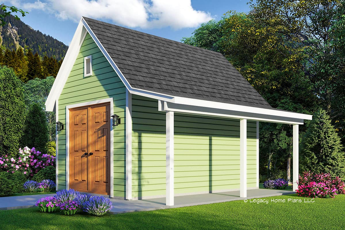 House plan exterior. One story with gable roof, covered porch, and double doors. Features include a side porch and small window in the gable.