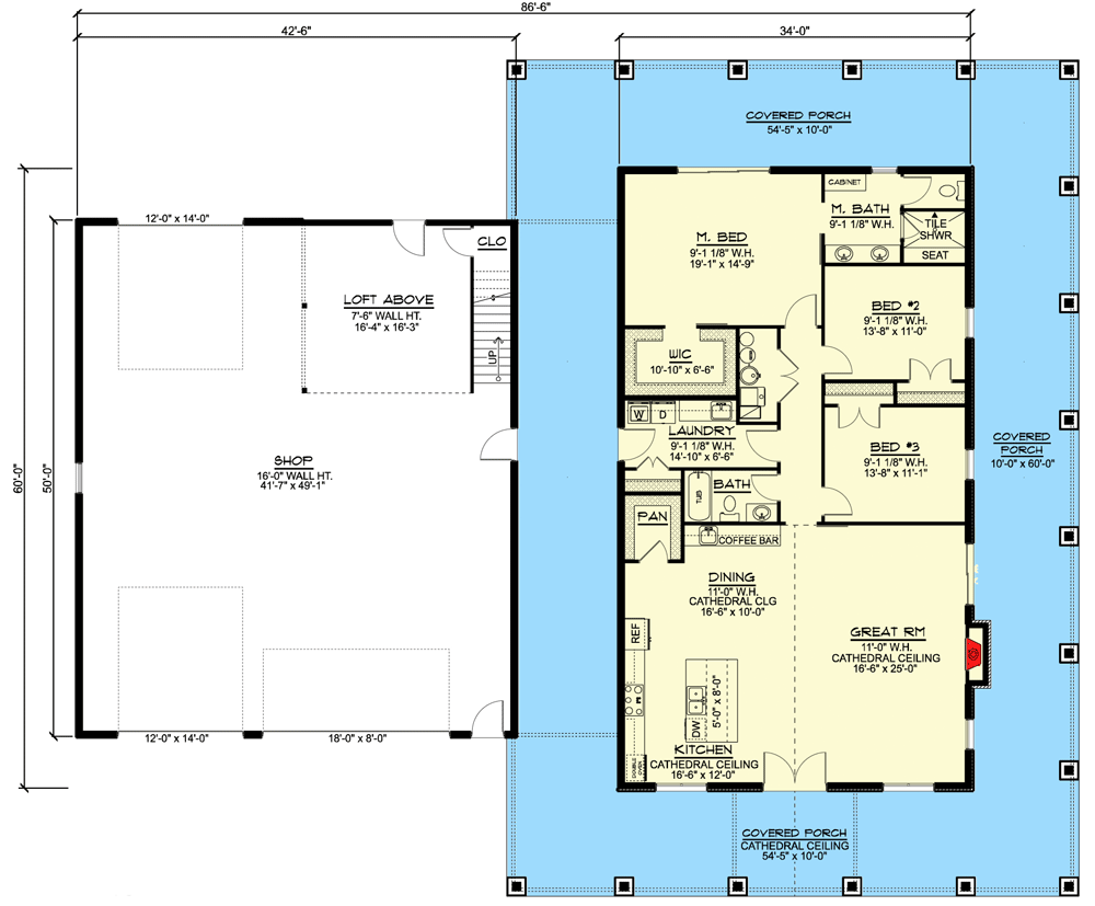 Plan 135199GRA: 2000 Square Foot Farmhouse-Inspired Barndominium-Style House Plan with Wraparound Porch - Floor Plan - Main Level - Barndominium, Country, Farmhouse, Modern Farmhouse, Mountain, Rustic