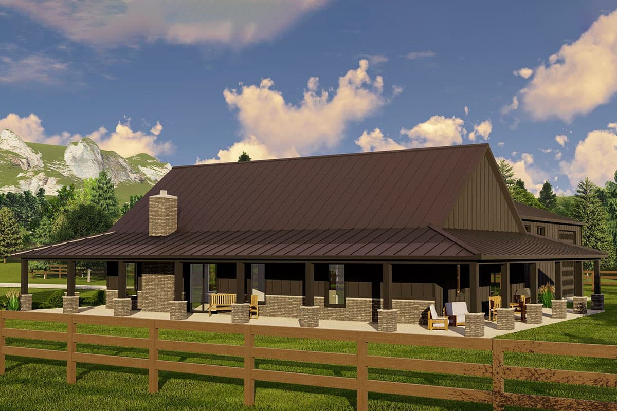 Plan 135199GRA: 2000 Square Foot Farmhouse-Inspired Barndominium-Style House Plan with Wraparound Porch - Image #7 - Barndominium, Country, Farmhouse, Modern Farmhouse, Mountain, Rustic