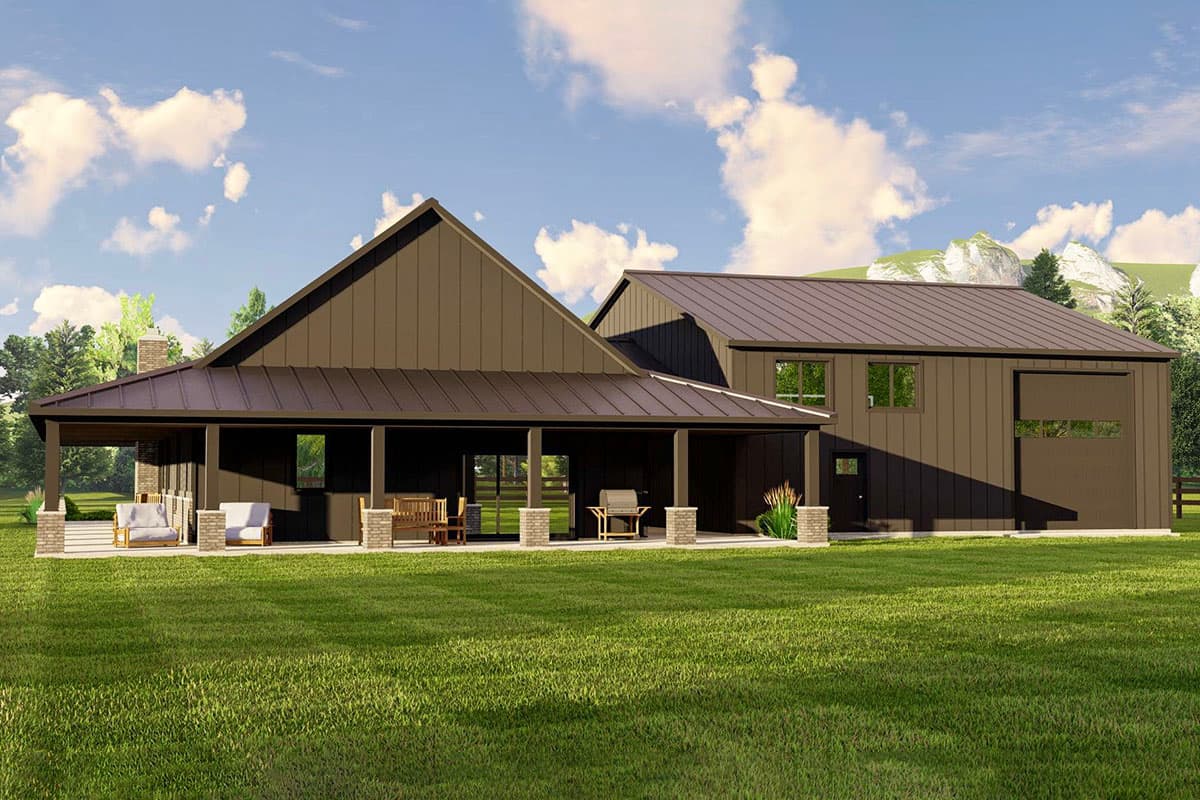 Modern Farmhouse house plan exterior with wrap-around porch, board-and-batten siding, and attached garage with glass door.