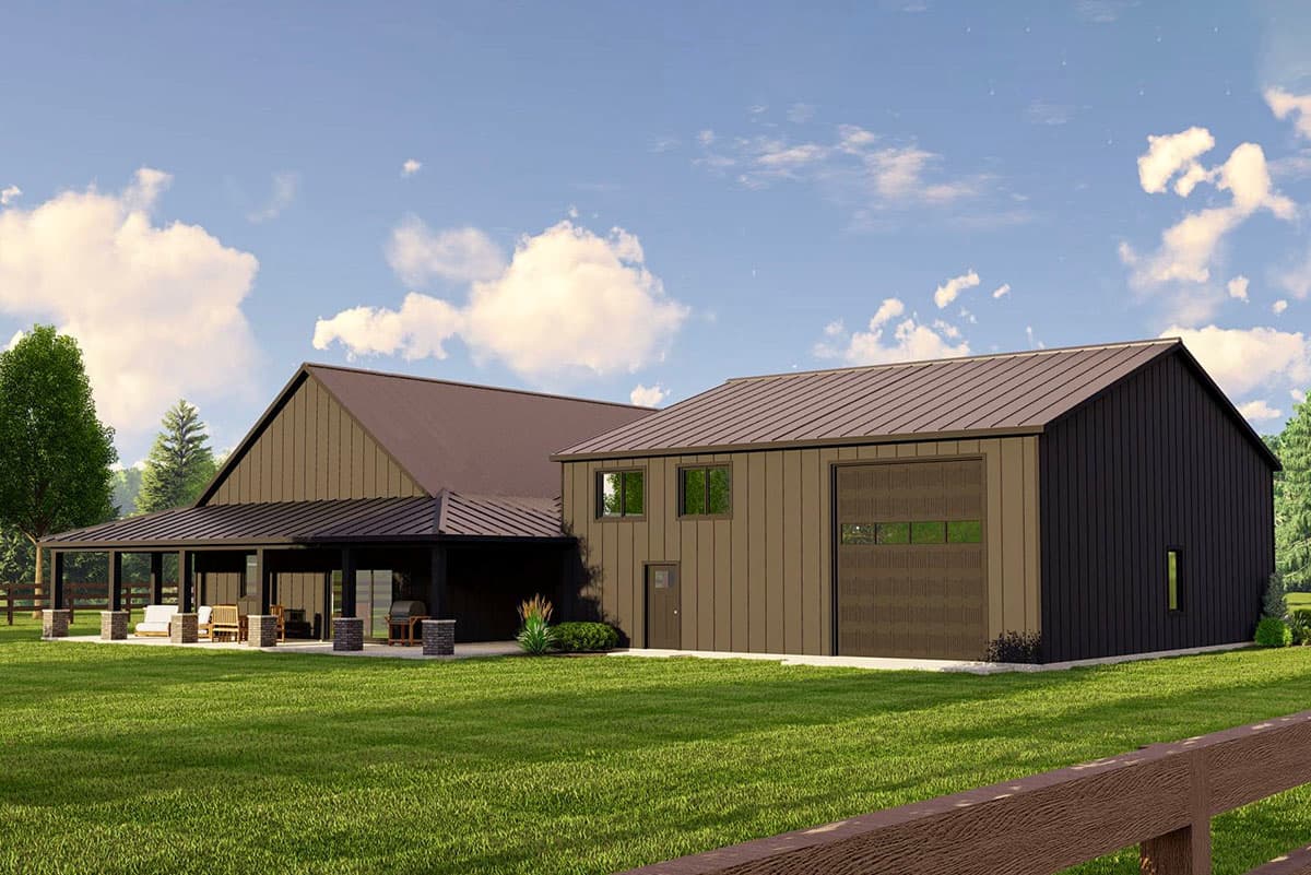 House plan exterior with large covered porch, metal roof, and attached two-car garage with garage door windows.