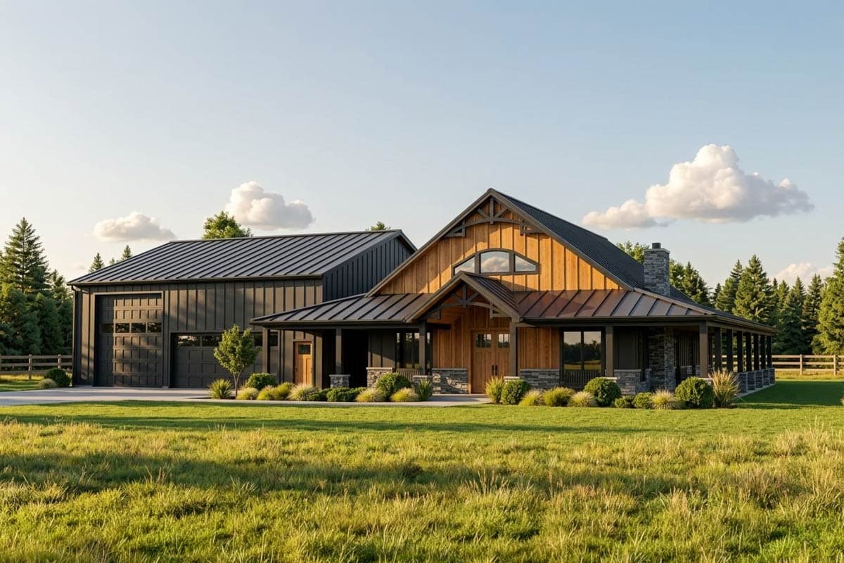 House plan exterior with board and batten siding, metal roof, covered porch, and a gable roof with a decorative truss detail.
