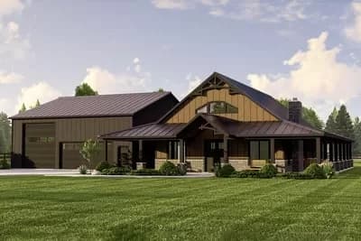 2000 Square Foot Farmhouse-Inspired Barndominium-Style House Plan with Wraparound Porch