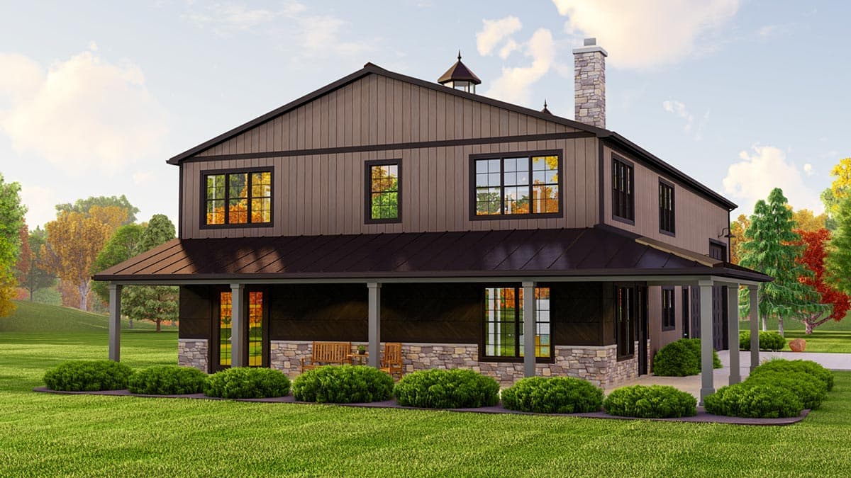 House plan exterior: Two-story modern farmhouse with wraparound porch, board and batten siding, stone accents, and a prominent chimney.