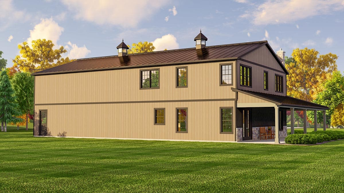 Two-story house plan exterior with metal roof, dormers, and wrap-around porch with stone accents.