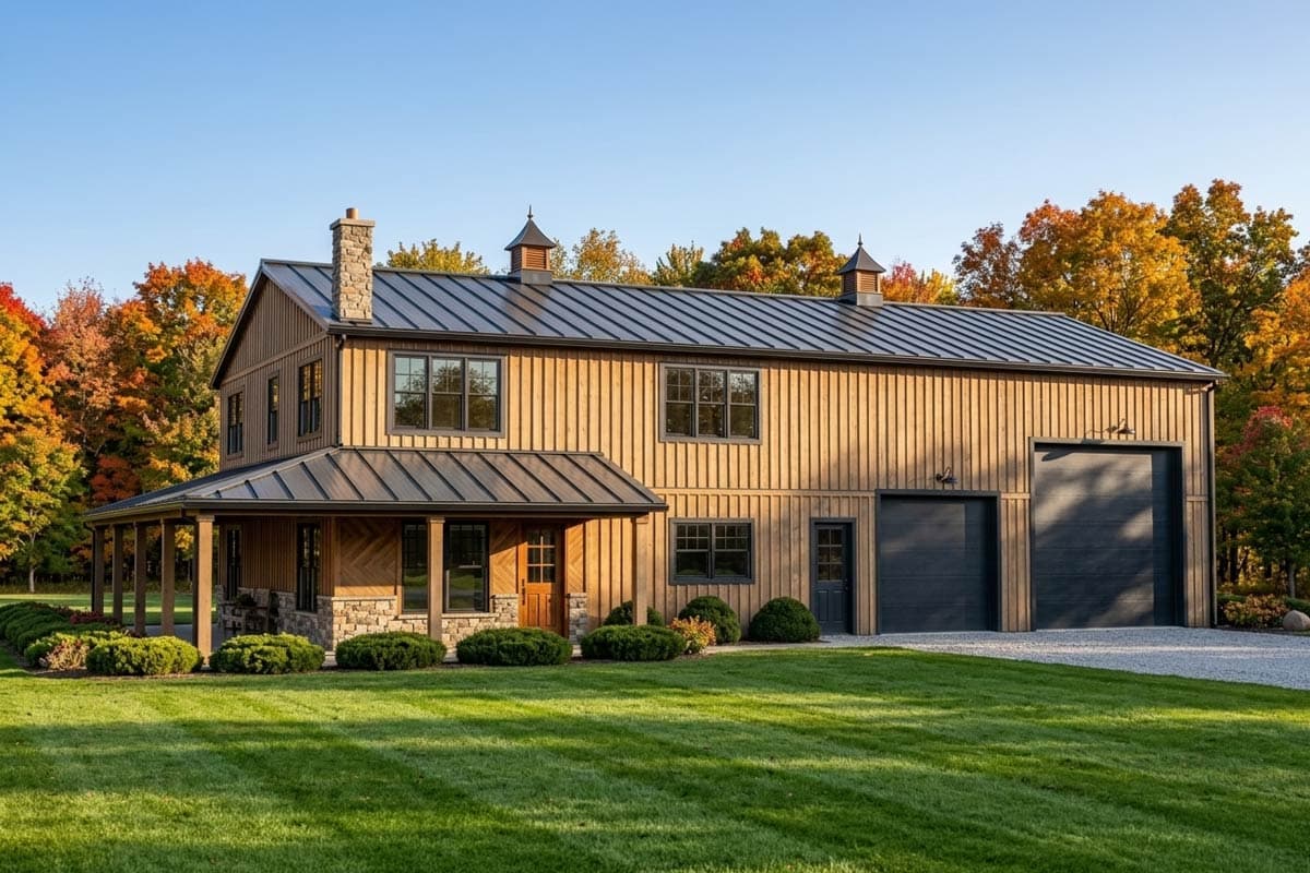 House plan exterior with two stories, a covered porch, two cupolas, and a side-entry garage. Features a metal roof and stone chimney.
