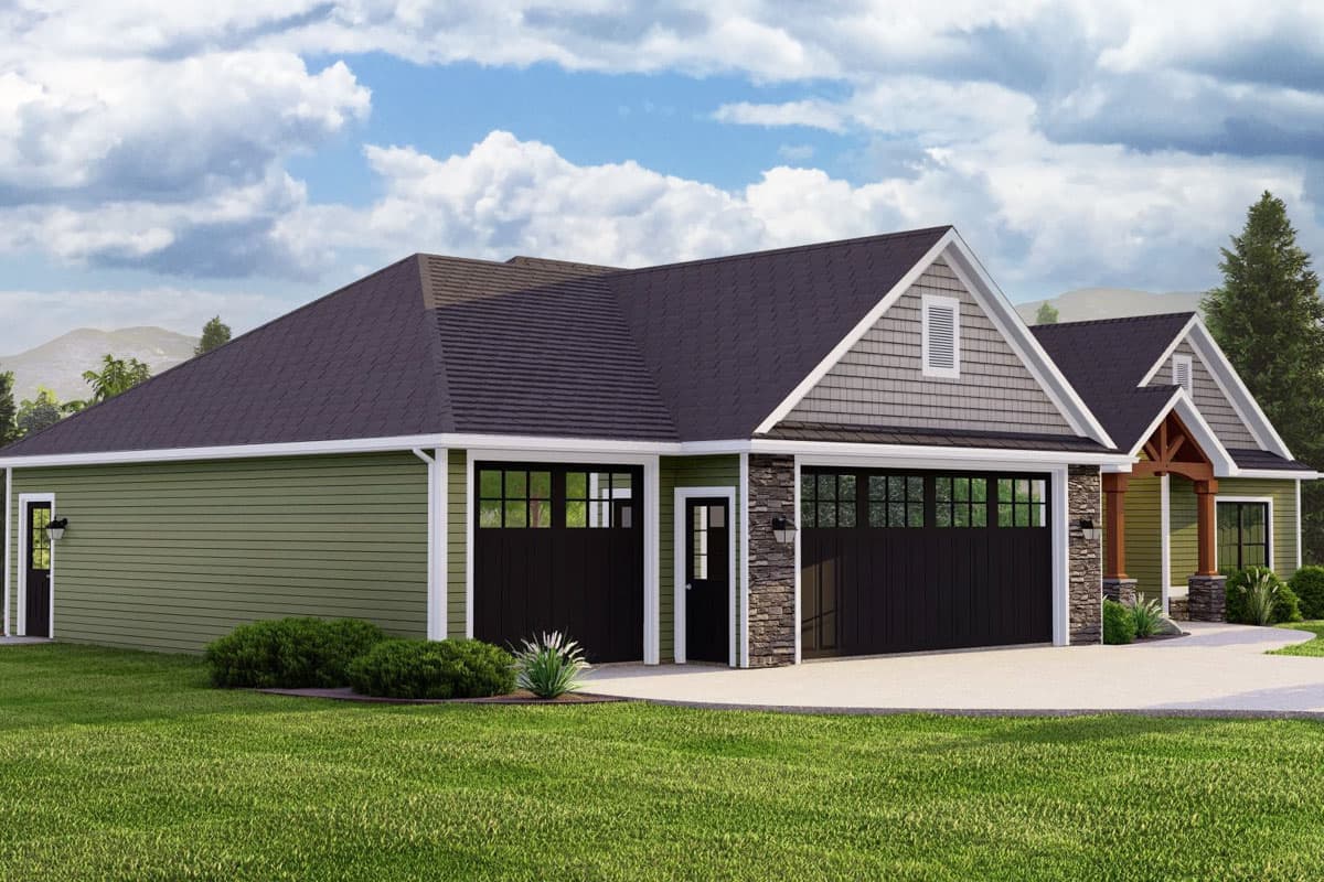 House plan exterior: Modern Farmhouse style, two-car garage, stone accents, and covered porch.