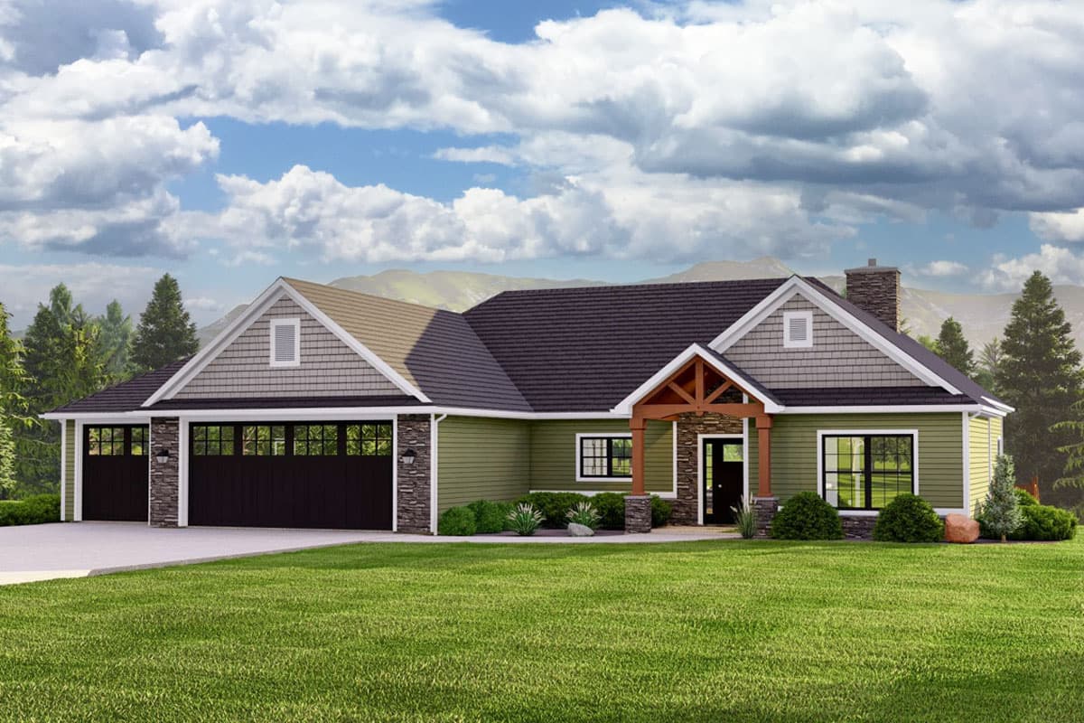 House plan exterior with Craftsman style. Features include a front porch with exposed rafters, gables, and a three-car garage.