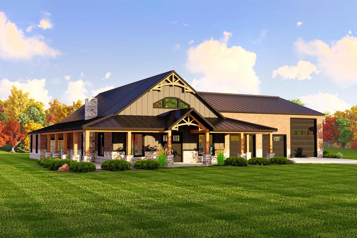 House plan exterior. Ranch style with a covered porch, gable roof, and a detached garage. Features stone and brick accents. One story.