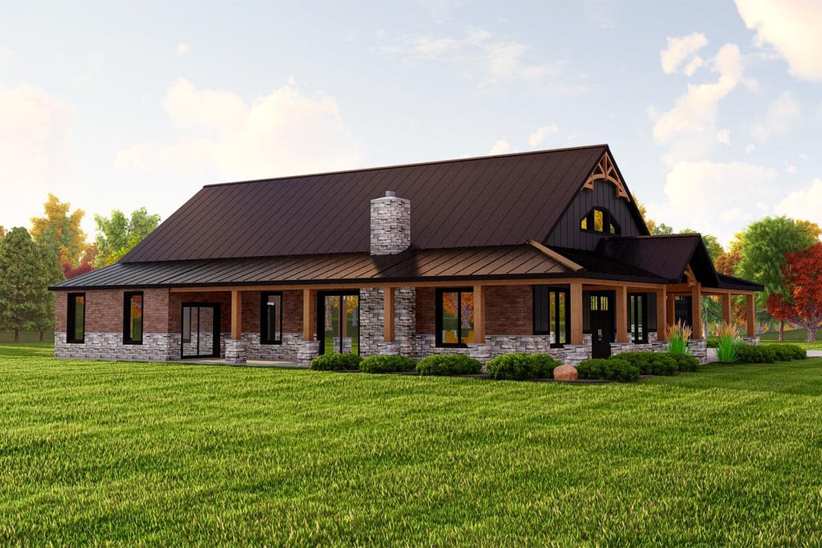House plan exterior rendering of a Modern Farmhouse with a wrap-around porch, metal roof, stone and brick facade, and large gables.