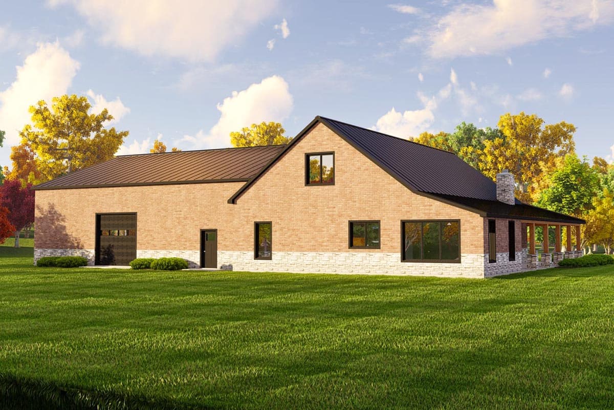 House plan exterior with brick facade, metal roof, attached garage, covered porch, and stone wainscoting.