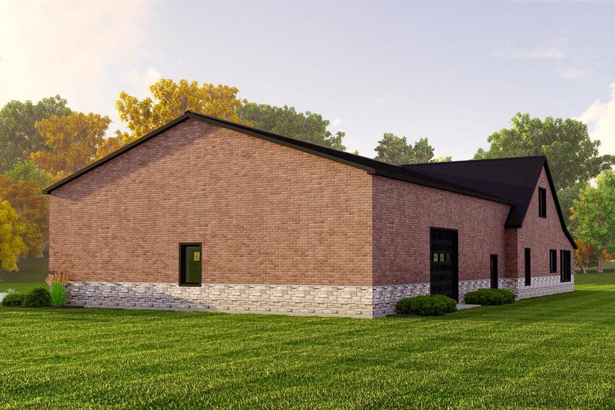 House plan exterior of a two-story brick building with stone foundation, gabled roof, and two garage doors.