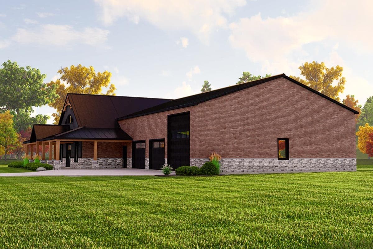 House plan exterior: Modern ranch with brick and stone facade, covered porch, and three-car garage with dark doors.