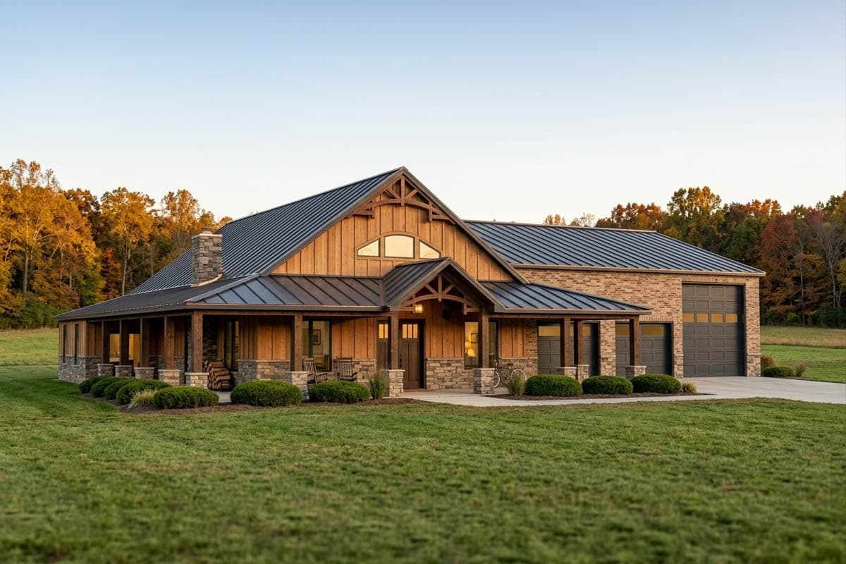 House plan exterior. Ranch style with a covered porch, gable roof, and a detached garage. Features stone and brick accents. One story.