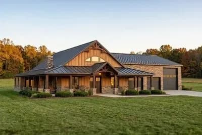 2400 Square Foot Farmhouse-Inspired Barndominium with Wraparound Porch