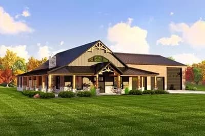 2400 Square Foot Farmhouse-Inspired Barndominium with Wraparound Porch