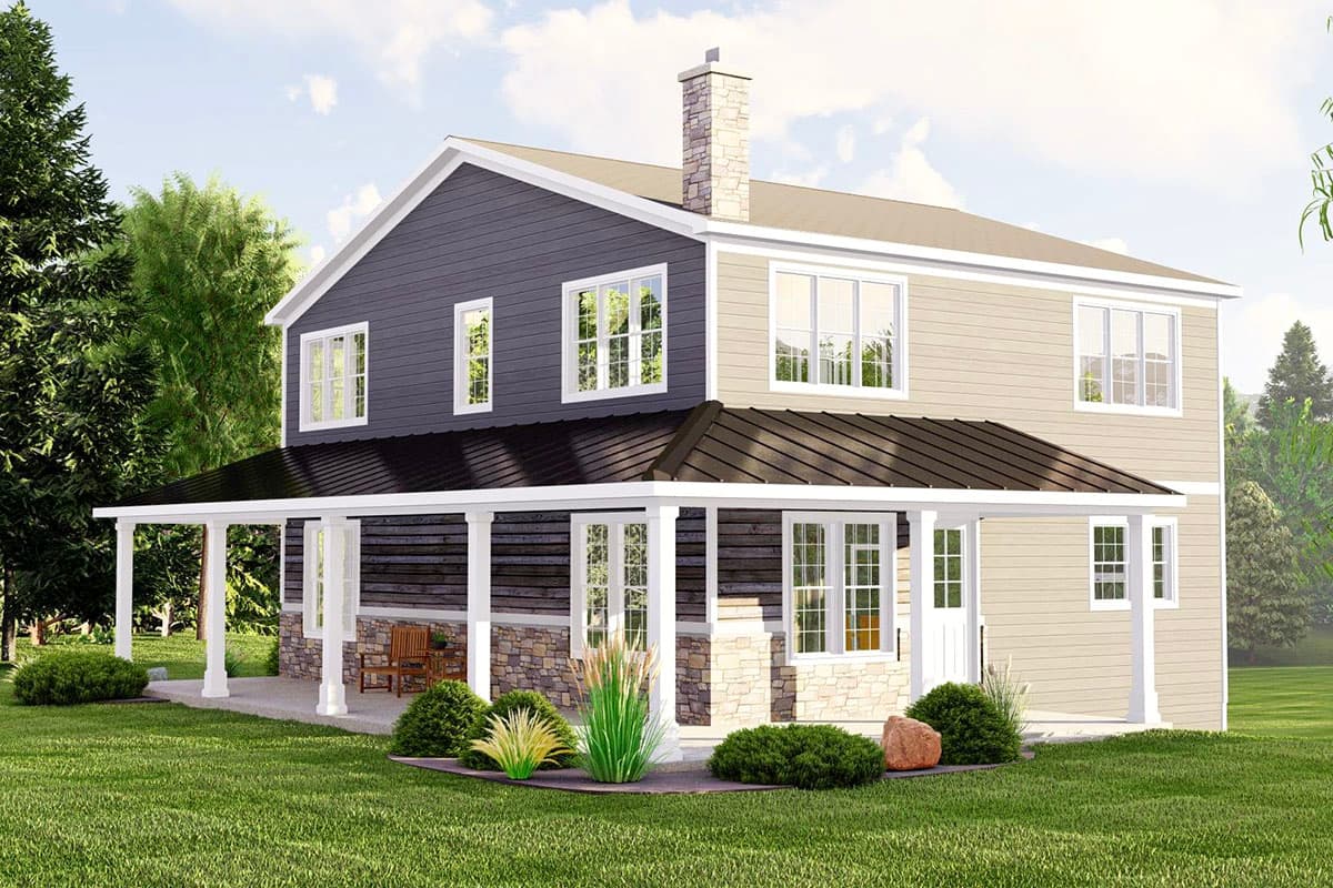 Two-story house plan exterior with porch, gables, stone chimney, and metal roof. Features include white columns and multiple windows.