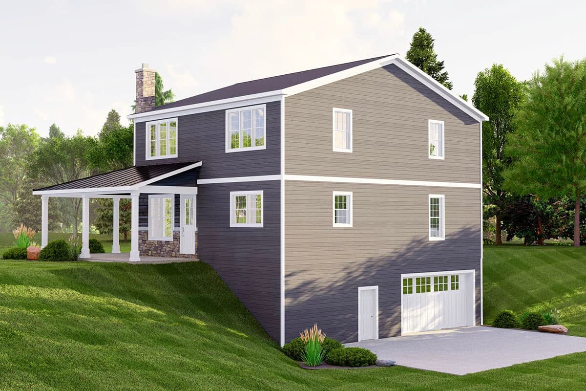 House plan exterior: two-story home with covered porch, stone base, multiple gables, and attached garage.
