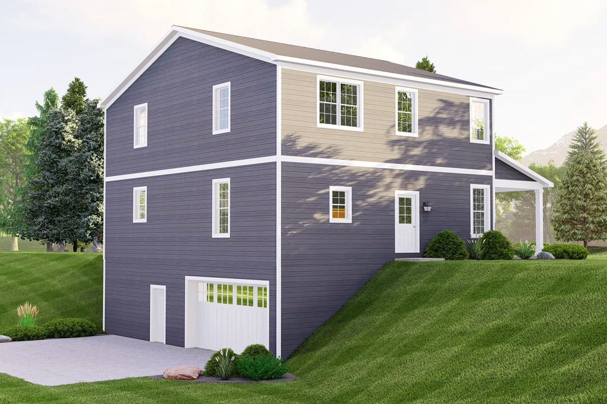 Two-story house plan exterior with gray siding, white trim, two front windows on upper level, front door, and attached garage.