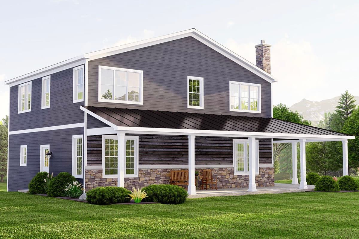 House plan exterior: two-story dwelling with a covered porch, stone foundation, dark siding, gabled roof, and prominent chimney.