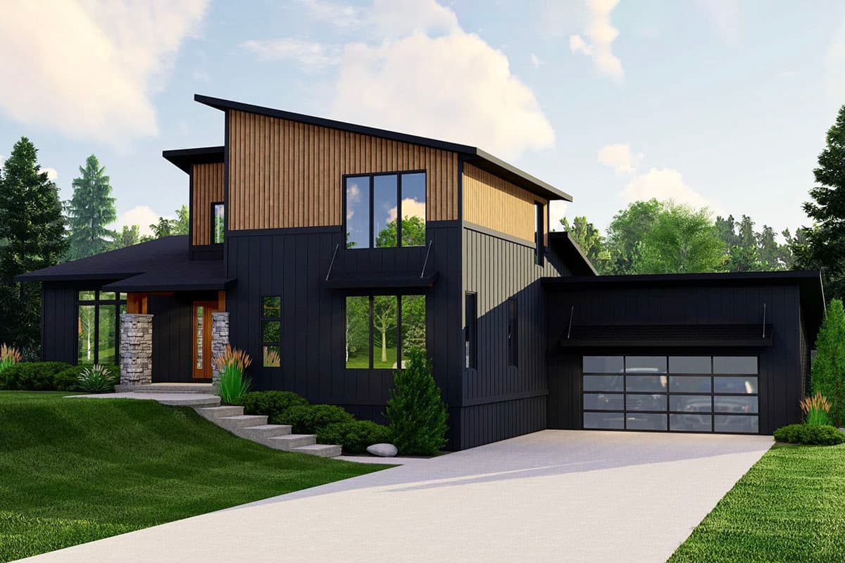 House plan exterior. Modern style, two-story home with a flat roof and shed dormers. Features include a stone-column porch and attached garage.