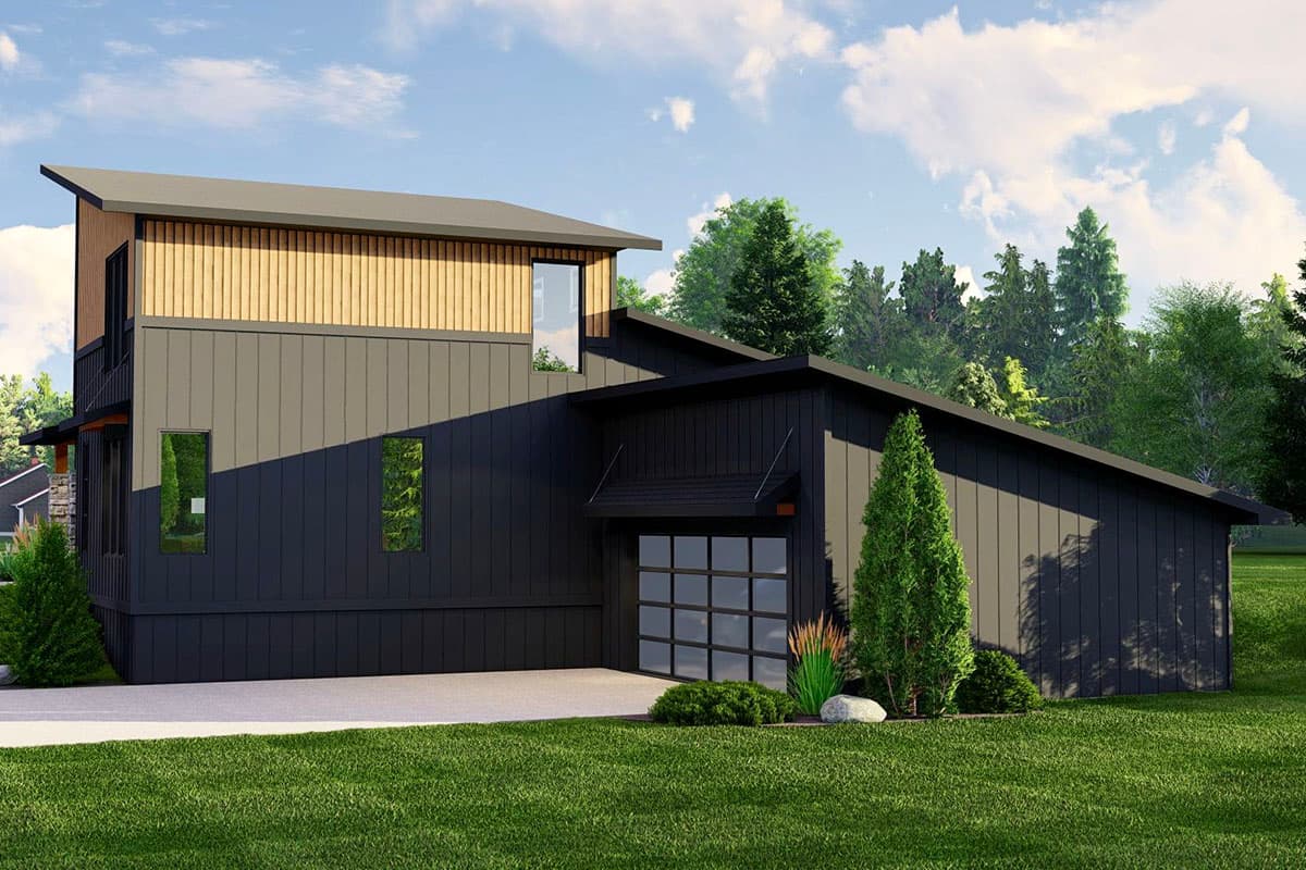 Modern house plan exterior with asymmetrical rooflines, vertical siding, and a glass garage door.