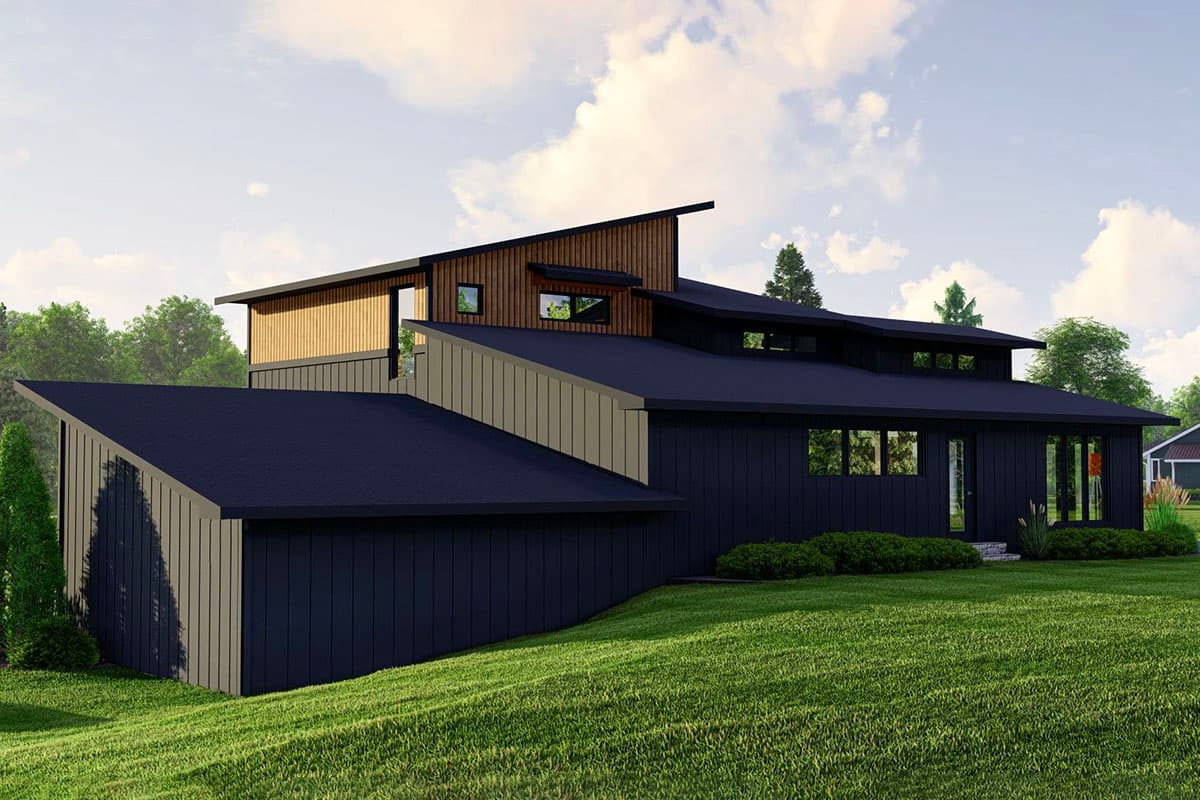 Modern house plan exterior with multiple asymmetrical rooflines, dark vertical siding, wood accents, and numerous windows.