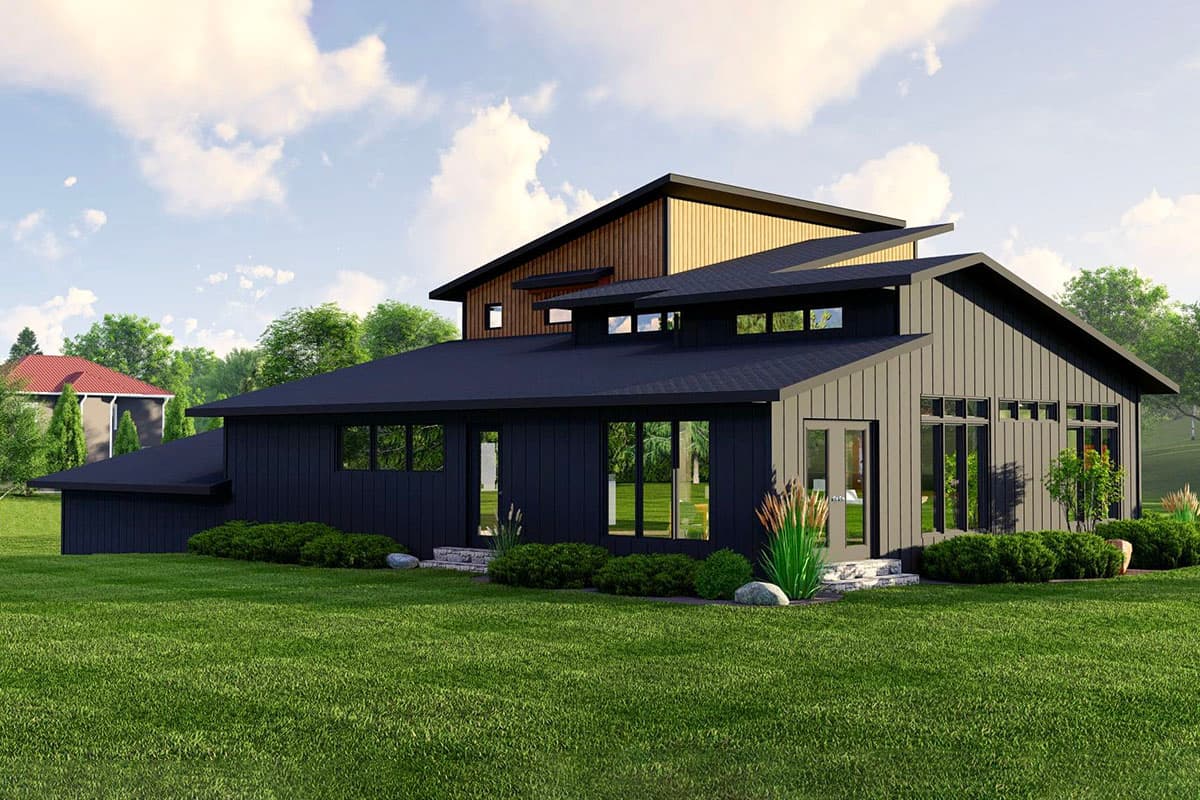 Modern house plan exterior with dark vertical siding, large windows, asymmetric rooflines, and upper wood-paneled level.