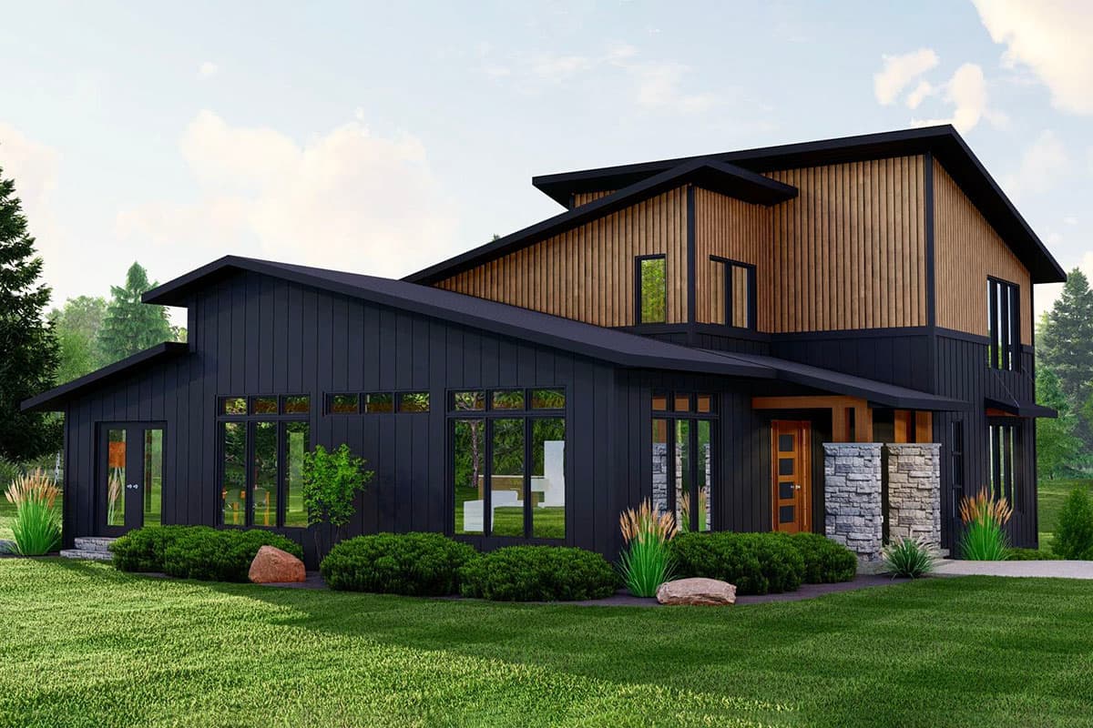 Modern house plan exterior with asymmetric rooflines, dark vertical siding, wood accents, and stone pillars at the entrance.