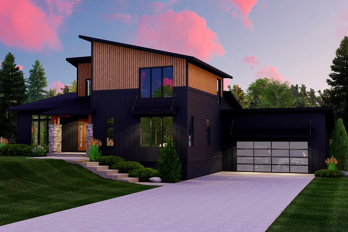 Modern house plan exterior with a two-story design, angled rooflines, wood accents, stone pillars, and a glass garage door.
