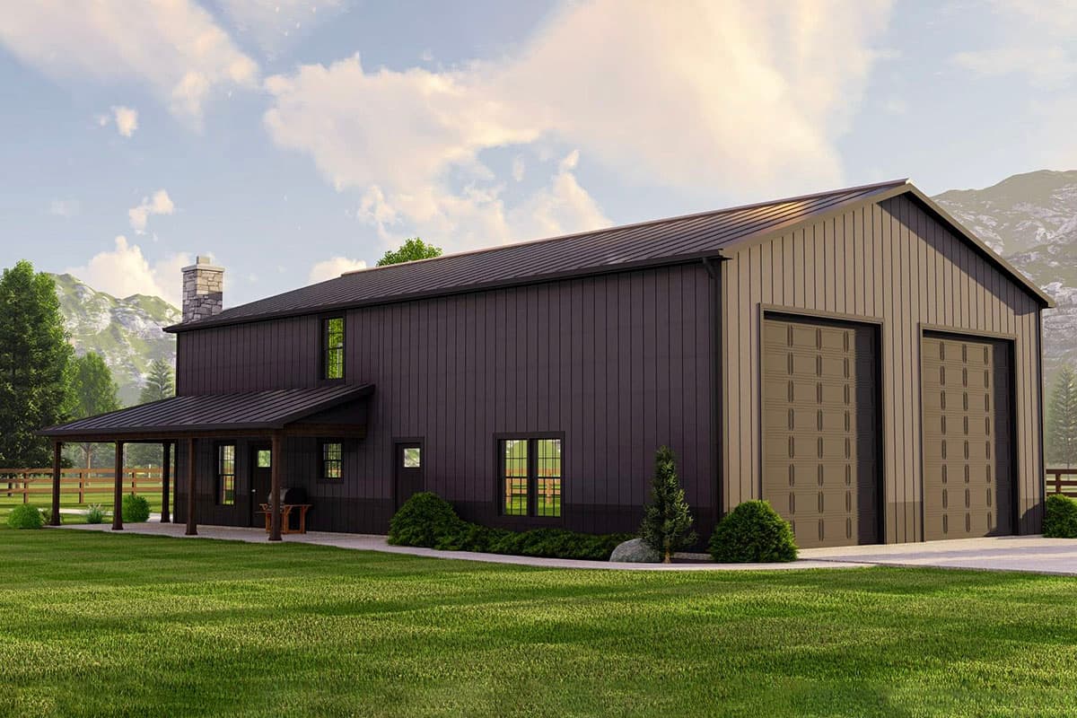 House plan exterior: two-story metal building with covered porch, stone chimney, and a two-bay garage.